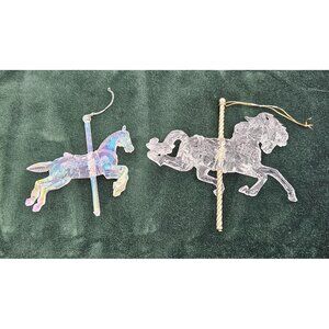Vintage Iridescent & Clear Carousel Horse Christmas Holiday Ornaments Set Of 2